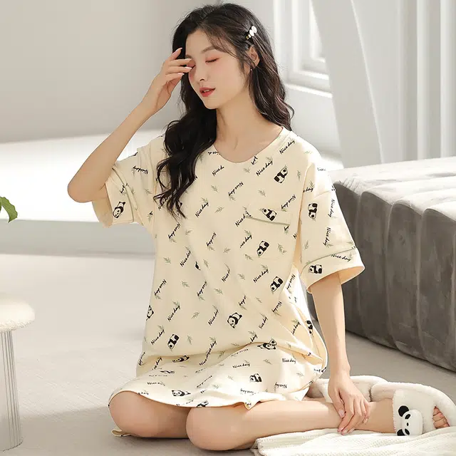 浮光岛屿 简约柔软清新可爱高级感带胸垫短袖休闲舒适亲肤凉爽透气可外穿家居服睡裙 女款 礼盒装 杏色