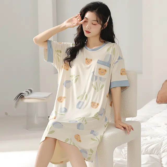 浮光岛屿 简约柔软可爱清新高级感带胸垫短袖休闲舒适亲肤凉爽透气可外穿家居服睡裙 女款 礼盒装 浅黄色