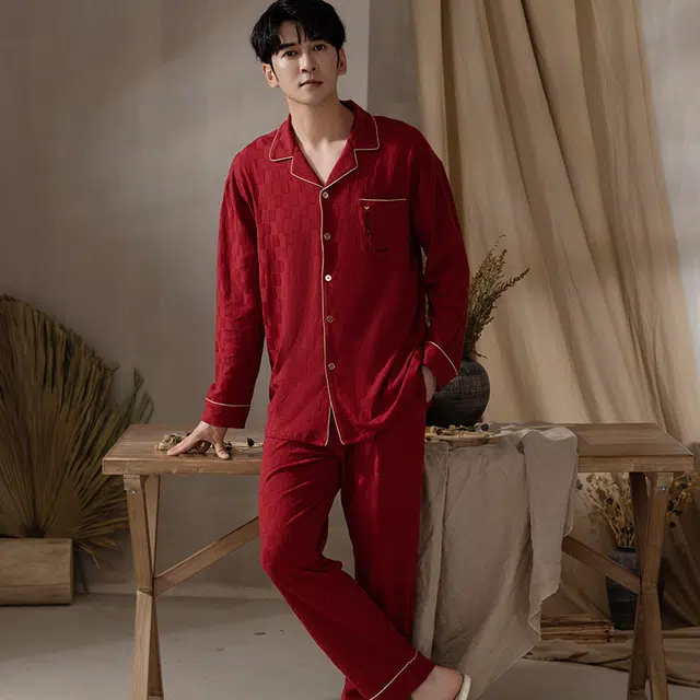浮光岛屿 简约超柔软中国红翻领高级感长袖长裤家居服舒适亲肤透气可外穿宽松休闲 睡衣套装 男款 礼盒装 红色