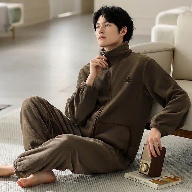 浮光岛屿 简约纯色时尚拉链高级感家居服舒适亲肤保暖可外穿休闲睡衣套装 礼袋款 男款 棕褐色