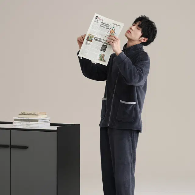 浮光岛屿 珊瑚绒睡衣秋冬款加厚保暖法兰绒休闲男士开衫大码宽松可外穿 家居套装  男款  深灰色