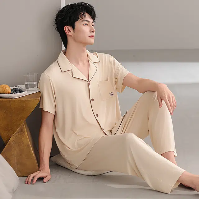 浮光岛屿 简约纯色柔软时尚高级感短袖长裤翻领家居服舒适亲肤透气可外穿睡衣套装 男款 礼盒装 杏色
