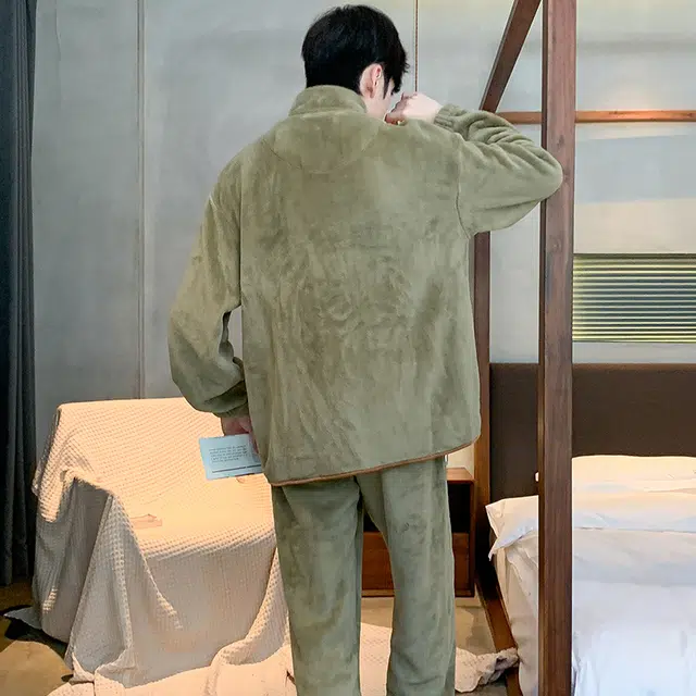 浮光岛屿 美拉德珊瑚绒睡衣男秋冬款加厚保暖法兰绒休闲简约拉链开衫可外穿家居服 家居套装 男款 棕色