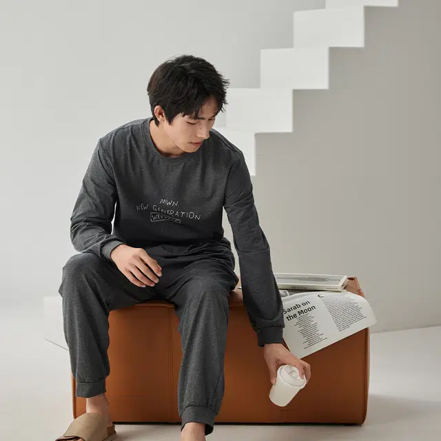 浮光岛屿 礼盒款 柔软舒适纯棉圆领休闲简约宽松可外穿长袖睡衣 家居服套装 男款 麻灰色