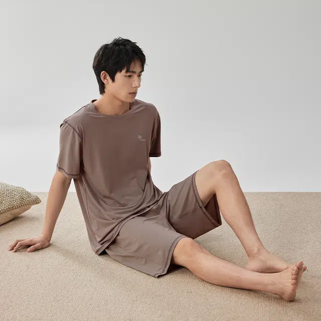 浮光岛屿 礼盒款简约系列 美拉德纯色莫代尔休闲凉感舒适可外穿短袖睡衣 家居服套装 男款 棕色