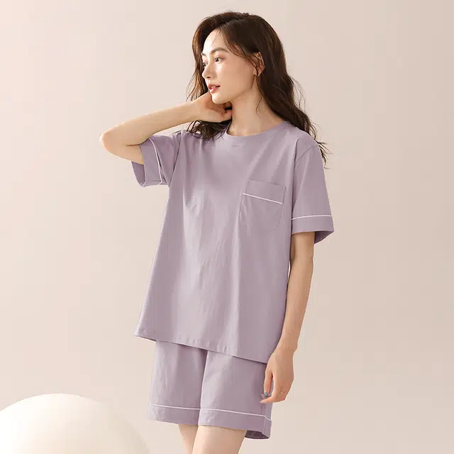 浮光岛屿 纯色简约高级感柔软亲肤圆领短袖休闲可外穿三分裤睡衣套装 女款 礼盒装 香草绿