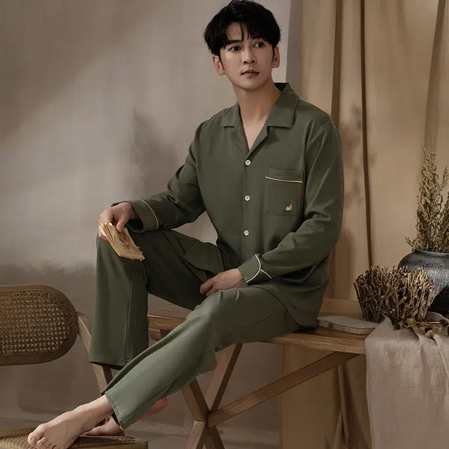 浮光岛屿 简约超柔软纯色翻领高级感长袖长裤家居服舒适亲肤透气可外穿宽松休闲睡衣套装 男款 礼盒装 灰色