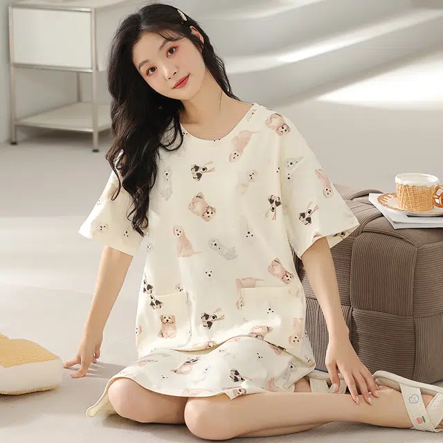 浮光岛屿 简约柔软可爱高级感带胸垫短袖休闲舒适亲肤凉爽透气可外穿家居服睡裙 女款 礼盒装 杏色