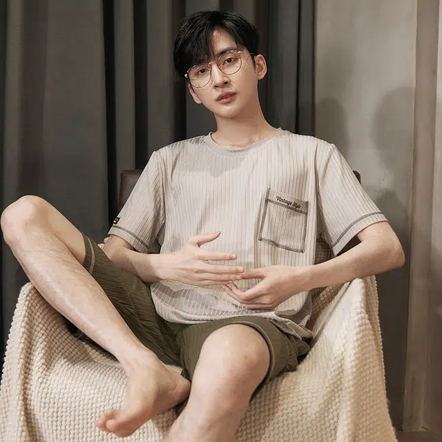 浮光岛屿 简约纯色高级感柔软亲肤圆领短袖睡衣礼盒 男款 米白色