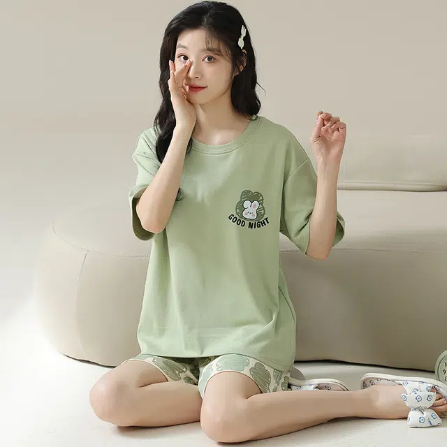 浮光岛屿 简约时尚可爱带胸垫圆领高级感短袖家居服凉感休闲舒适亲肤可外穿睡衣套装 女款 礼盒装 浅绿色