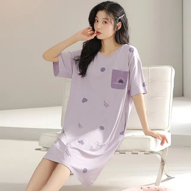 浮光岛屿 简约柔软时尚字母高级感带胸垫短袖休闲舒适亲肤透气可外穿家居服睡裙 女款 礼盒装 紫色