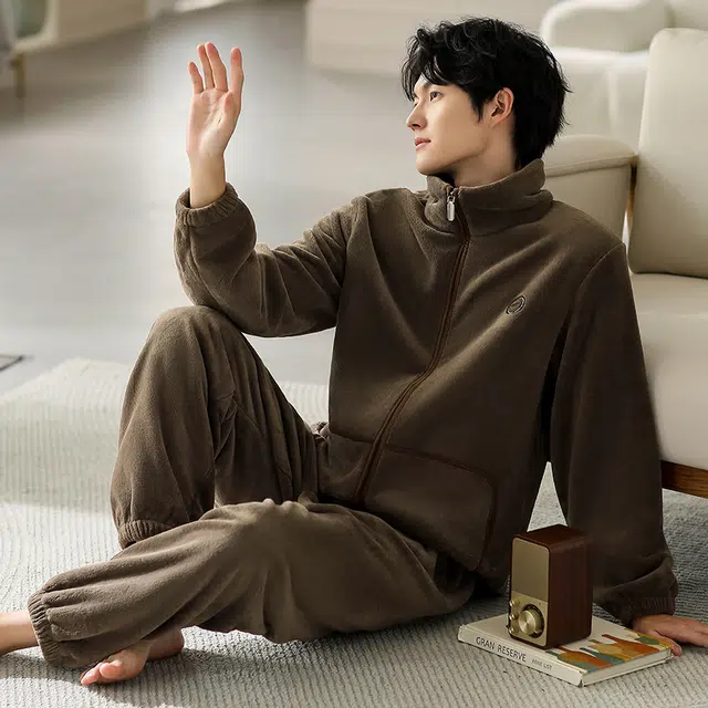 浮光岛屿 简约纯色时尚拉链高级感家居服舒适亲肤保暖可外穿休闲睡衣套装 礼袋款 男款 棕褐色