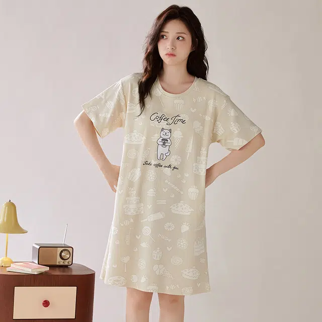浮光岛屿 简约纯棉柔软字母印花图案高级感短袖带胸垫家居服舒适亲肤透气可外穿休闲睡裙 女款