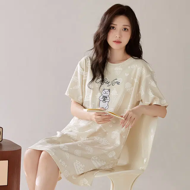 浮光岛屿 简约纯棉柔软字母印花图案高级感短袖带胸垫家居服舒适亲肤透气可外穿休闲睡裙 女款