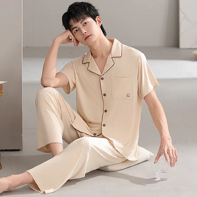 浮光岛屿 简约纯色柔软时尚高级感短袖长裤翻领家居服舒适亲肤透气可外穿睡衣套装 男款 礼盒装 杏色