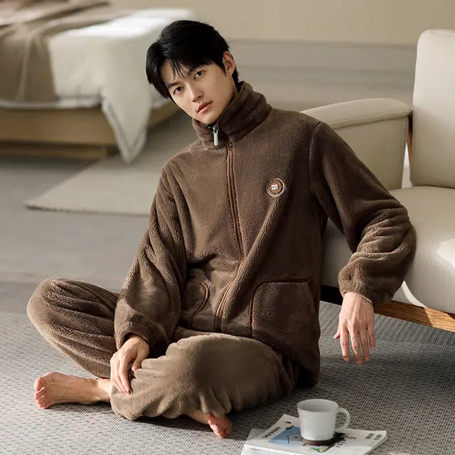 浮光岛屿 简约纯色拉链高级感家居服舒适亲肤保暖可外穿休闲睡衣套装 礼袋款 男款 褐色