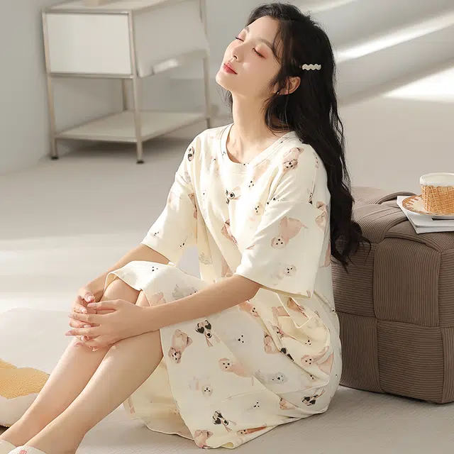 浮光岛屿 简约柔软可爱高级感带胸垫短袖休闲舒适亲肤凉爽透气可外穿家居服睡裙 女款 礼盒装 杏色