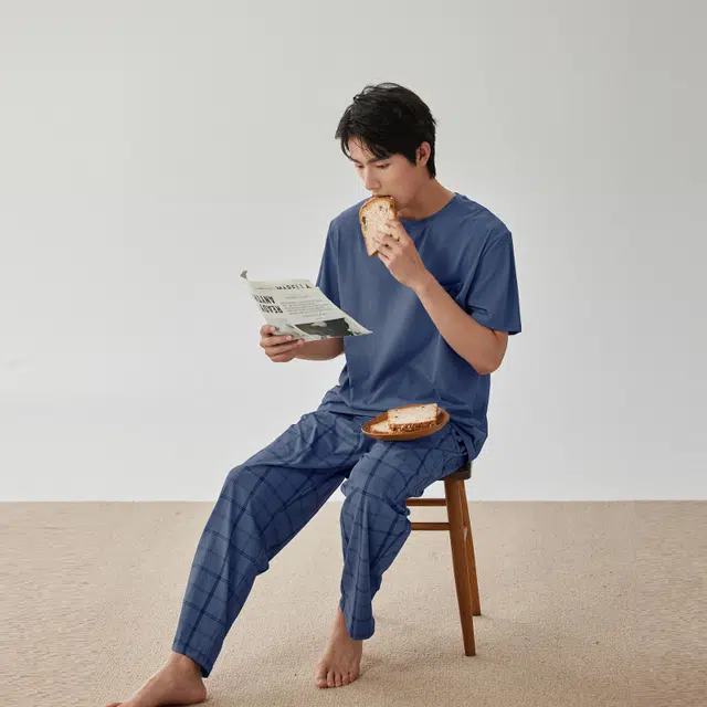 浮光岛屿 礼盒款简约系列 柔软舒适凉感棉格子口袋休闲宽松可外穿短袖长裤睡衣 家居服套装 男款 深蓝色