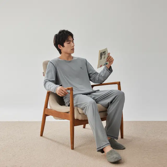浮光岛屿 礼盒款简约系列 纯色莫代尔棉大码休闲舒适可外穿长袖睡衣 家居服套装 男款 浅灰色