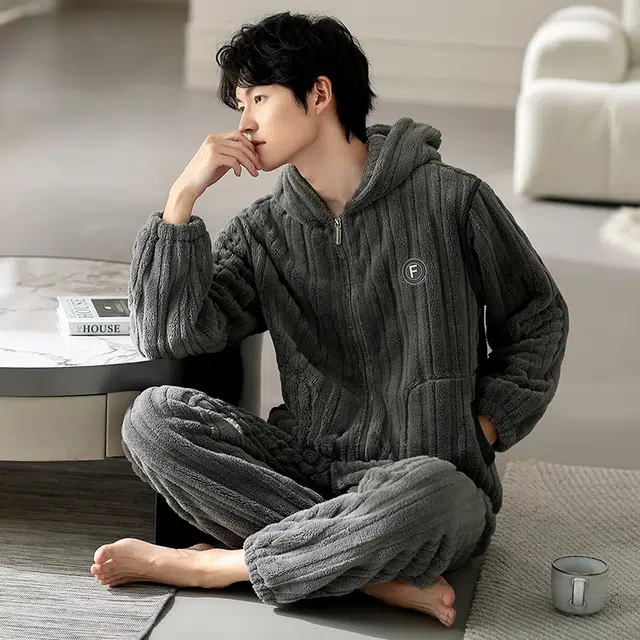 浮光岛屿 简约纯色时尚大气连帽高级感家居服舒适亲肤保暖可外穿宽松休闲 秋冬睡衣套装 礼袋款 男款 浅灰色