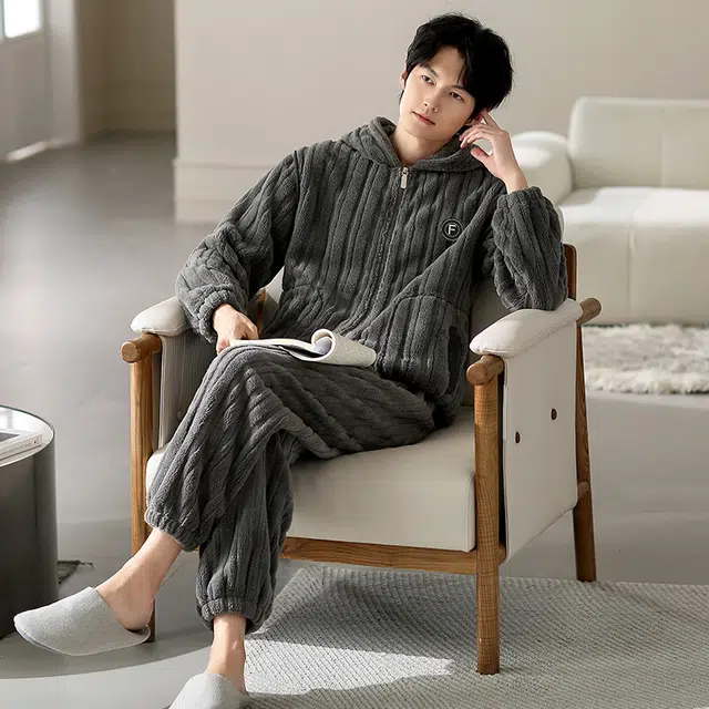 浮光岛屿 简约纯色时尚大气连帽高级感家居服舒适亲肤保暖可外穿宽松休闲 秋冬睡衣套装 礼袋款 男款 浅灰色