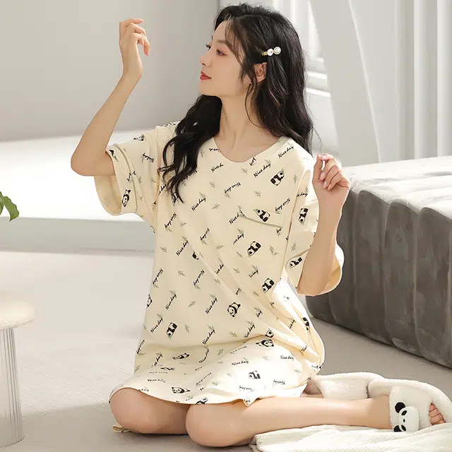 浮光岛屿 简约柔软清新可爱高级感带胸垫短袖休闲舒适亲肤凉爽透气可外穿家居服睡裙 女款 礼盒装 杏色