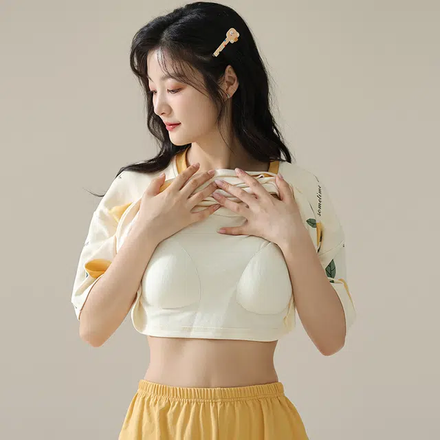 浮光岛屿 简约时尚可爱带胸垫圆领高级感短袖家居服凉感休闲舒适亲肤可外穿睡衣套装 女款 礼盒装 橙色