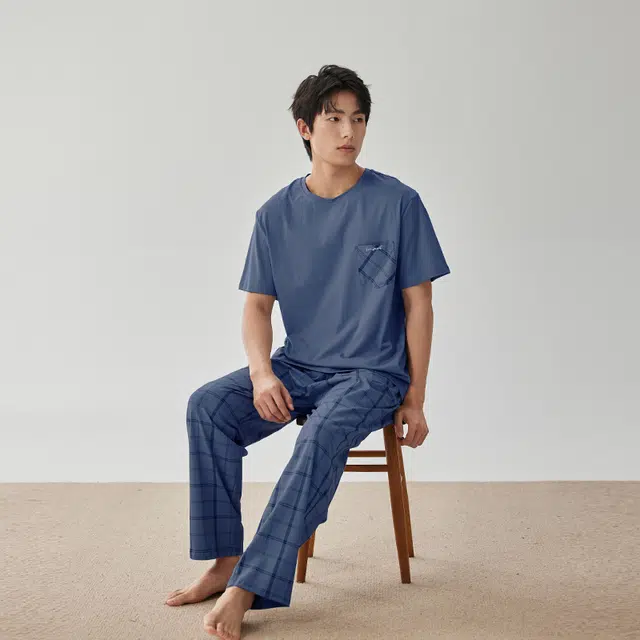 浮光岛屿 礼盒款简约系列 柔软舒适凉感棉格子口袋休闲宽松可外穿短袖长裤睡衣 家居服套装 男款 深蓝色