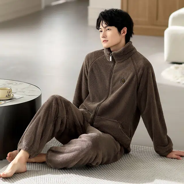浮光岛屿 简约纯色时尚拉链高级感家居服舒适亲肤保暖可外穿宽松休闲 秋冬睡衣套装 礼袋款 男款 褐色