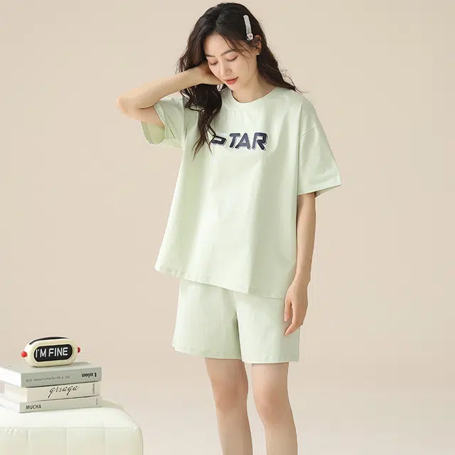 浮光岛屿 凉感纯棉短袖家居服简约时尚圆领休闲上衣短裤宽松实用可外穿睡衣套装 女款 礼盒款 薄荷绿