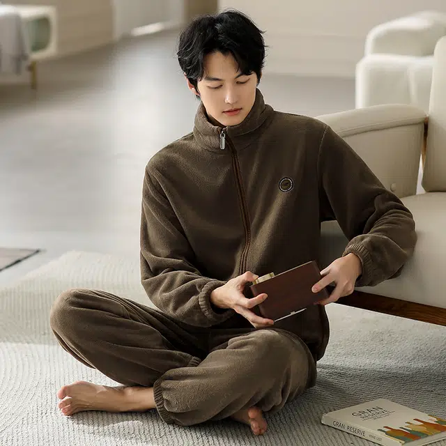 浮光岛屿 简约纯色时尚拉链高级感家居服舒适亲肤保暖可外穿休闲睡衣套装 礼袋款 男款 棕褐色