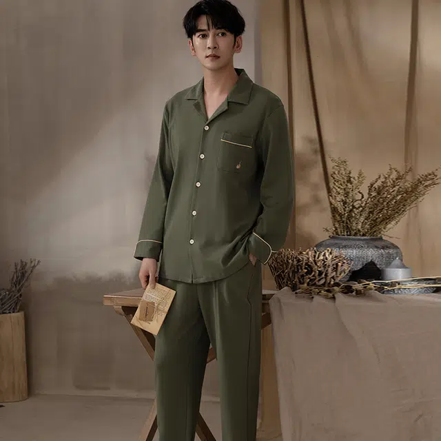 浮光岛屿 简约超柔软纯色翻领高级感长袖长裤家居服舒适亲肤透气可外穿宽松休闲睡衣套装 男款 礼盒装 灰色