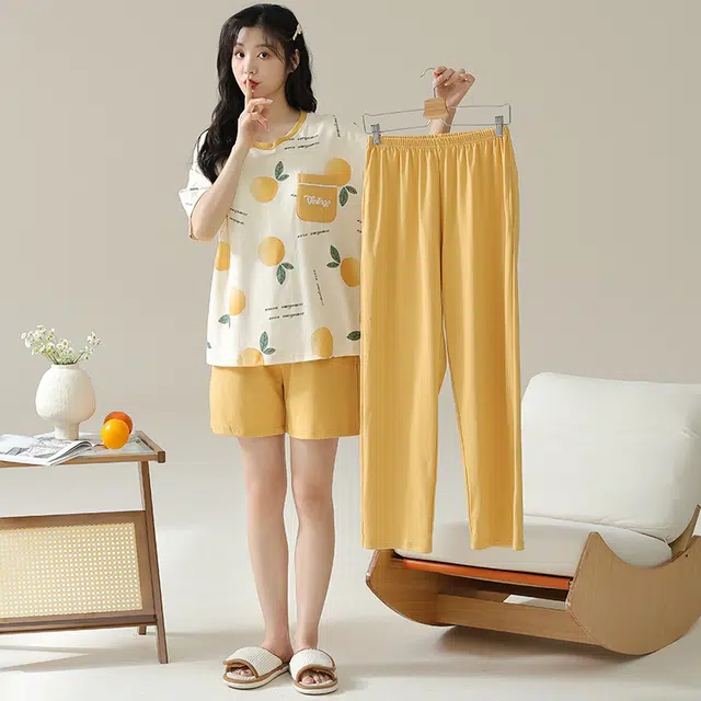 浮光岛屿 简约时尚可爱带胸垫圆领高级感短袖家居服凉感休闲舒适亲肤可外穿睡衣套装 女款 礼盒装 橙色