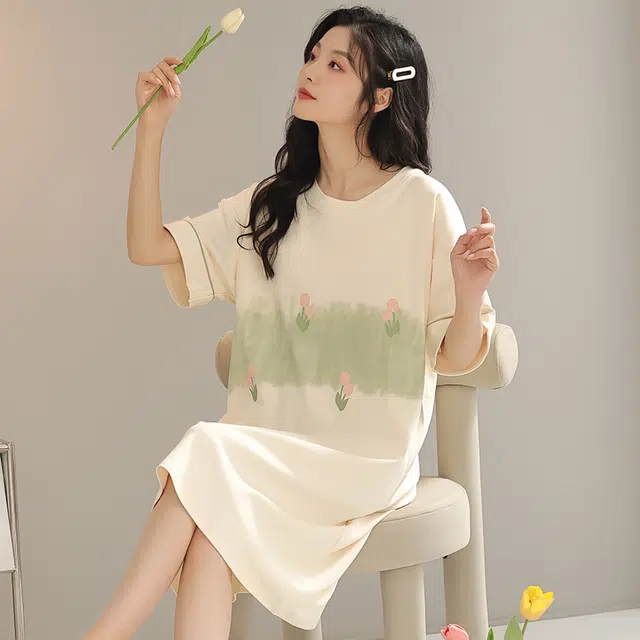 浮光岛屿 简约纯色柔软高级感带胸垫短袖休闲舒适亲肤凉爽透气可外穿家居服睡裙 女款 礼盒装 黄色