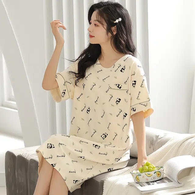 浮光岛屿 简约柔软清新可爱高级感带胸垫短袖休闲舒适亲肤凉爽透气可外穿家居服睡裙 女款 礼盒装 杏色