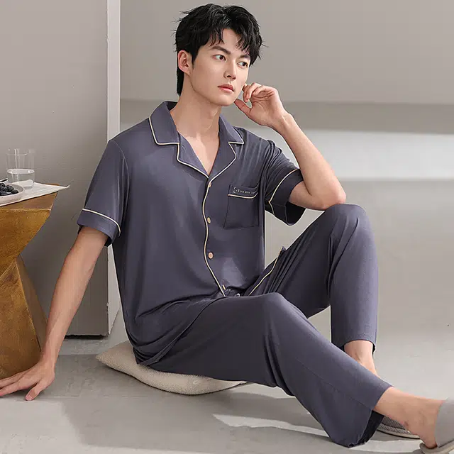 浮光岛屿 简约纯色柔软时尚高级感短袖长裤翻领家居服舒适亲肤透气可外穿睡衣套装 男款 礼盒装 藏青色