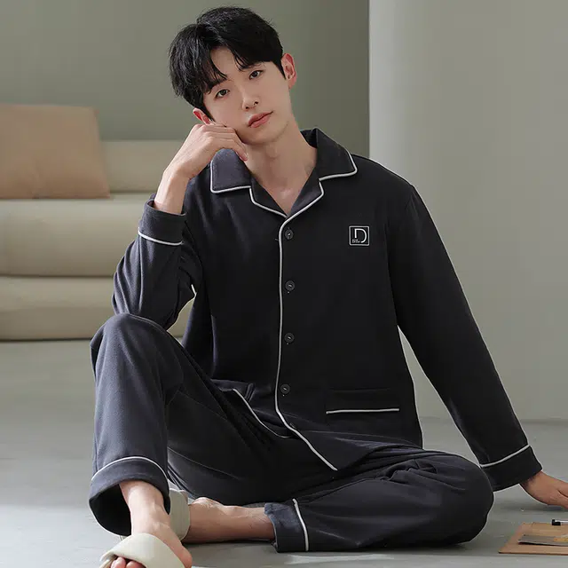 浮光岛屿 简约纯色时尚翻领高级感家居服舒适亲肤保暖可外穿睡衣套装 男款 礼盒装 深灰色