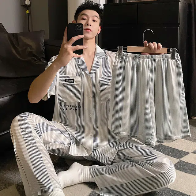 浮光岛屿 柔软凉感简约高级感时尚潮流短袖亲肤透气可外穿宽松休闲睡衣套装 男款