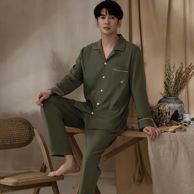 浮光岛屿 简约超柔软纯色翻领高级感长袖长裤家居服舒适亲肤透气可外穿宽松休闲睡衣套装 男款 礼盒装 灰色