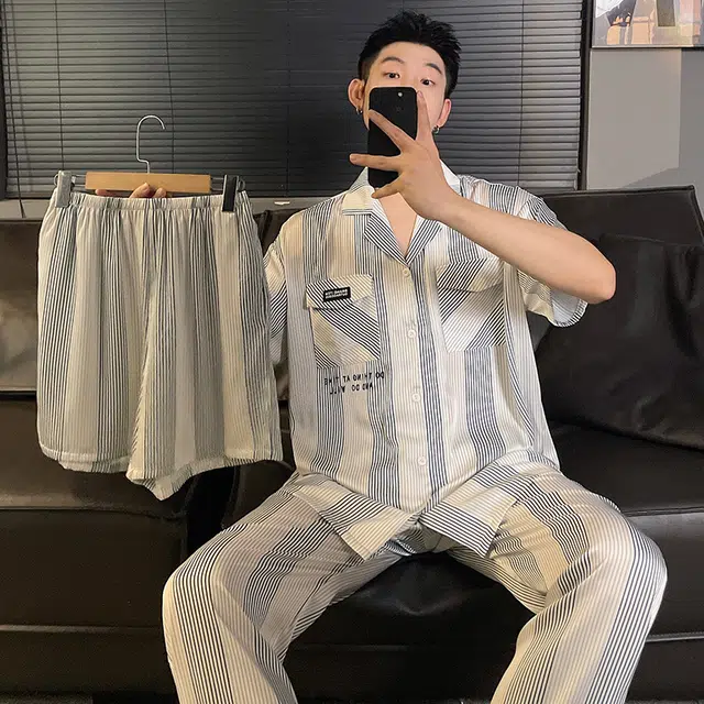 浮光岛屿 柔软凉感简约高级感时尚潮流短袖亲肤透气可外穿宽松休闲睡衣套装 男款