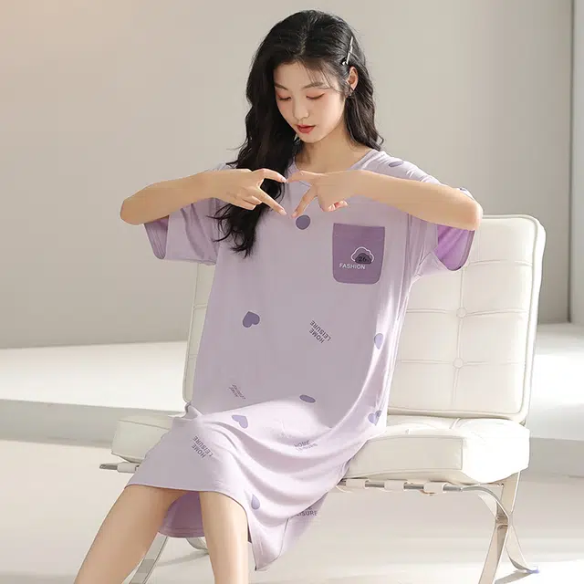 浮光岛屿 简约柔软时尚字母高级感带胸垫短袖休闲舒适亲肤透气可外穿家居服睡裙 女款 礼盒装 紫色
