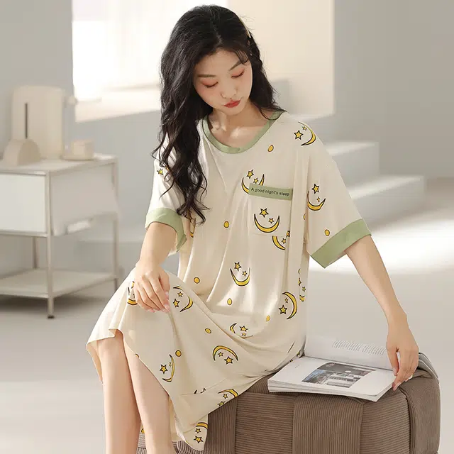 浮光岛屿 简约柔软时尚高级感带胸垫短袖休闲舒适亲肤凉爽透气可外穿家居服睡裙 女款 礼盒装 黄色