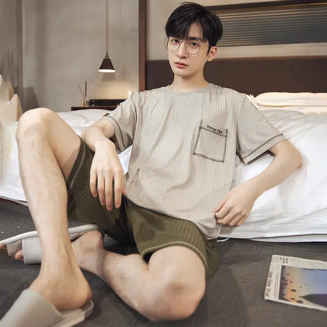 浮光岛屿 简约纯色高级感柔软亲肤圆领短袖睡衣礼盒 男款 米白色