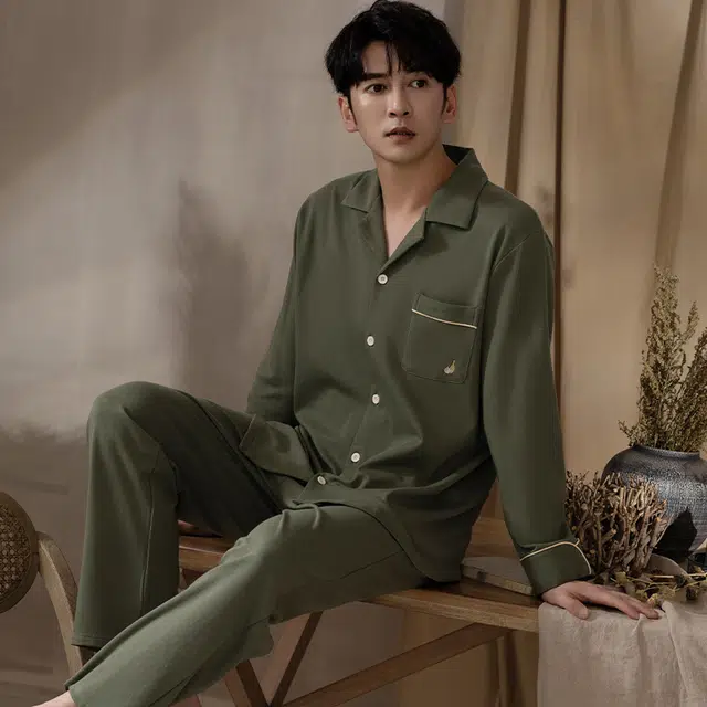 浮光岛屿 简约超柔软纯色翻领高级感长袖长裤家居服舒适亲肤透气可外穿宽松休闲睡衣套装 男款 礼盒装 灰色