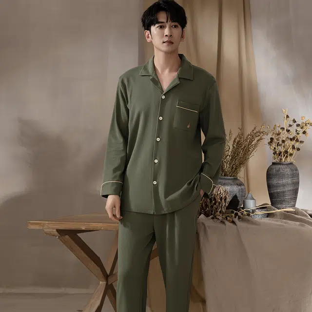 浮光岛屿 简约超柔软纯色翻领高级感长袖长裤家居服舒适亲肤透气可外穿宽松休闲睡衣套装 男款 礼盒装 灰色