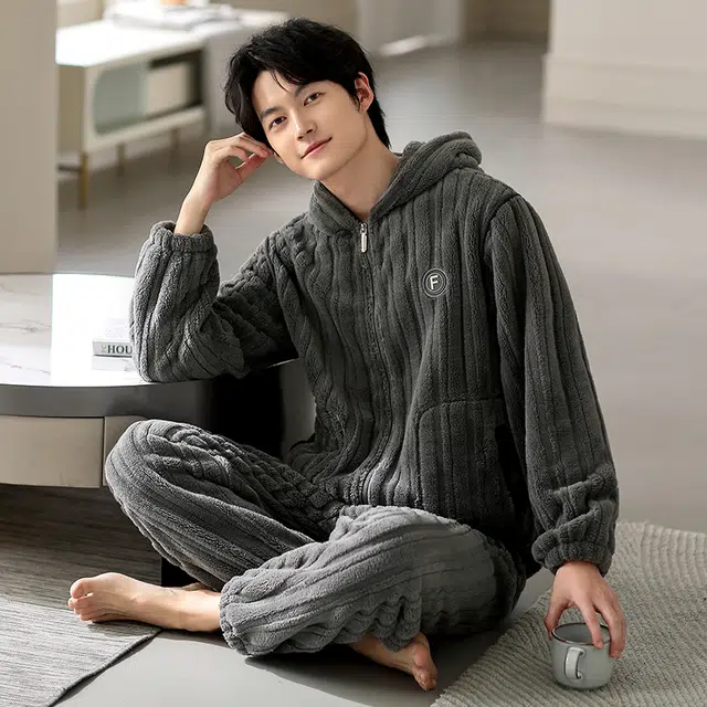 浮光岛屿 简约纯色时尚大气连帽高级感家居服舒适亲肤保暖可外穿宽松休闲 秋冬睡衣套装 礼袋款 男款 浅灰色