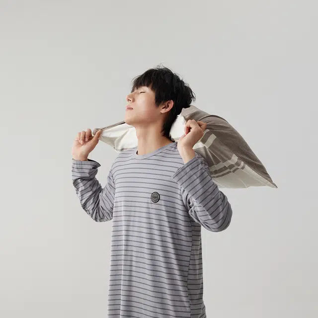 浮光岛屿 礼盒款 凉感舒适莫代尔棉时尚撞色条纹简约休闲可外穿长袖睡衣 家居服套装 男款 灰色