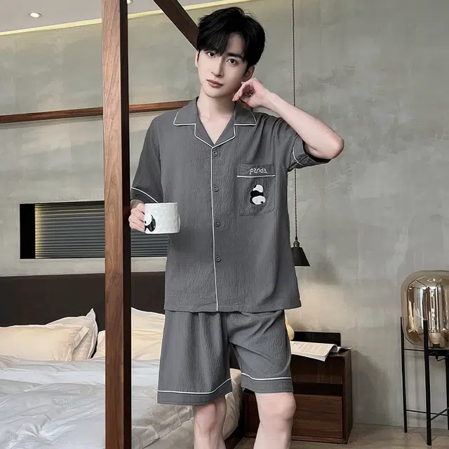 浮光岛屿 简约柔软纯色凉感高级感时尚大气潮流小清新短袖短裤家居服舒适亲肤透气可外穿宽松休闲夏季睡衣套装 男款