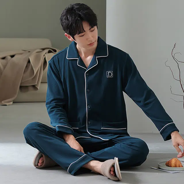 浮光岛屿 简约纯色时尚翻领高级感家居服舒适亲肤可外穿睡衣套装 男款 礼盒装 藏青色