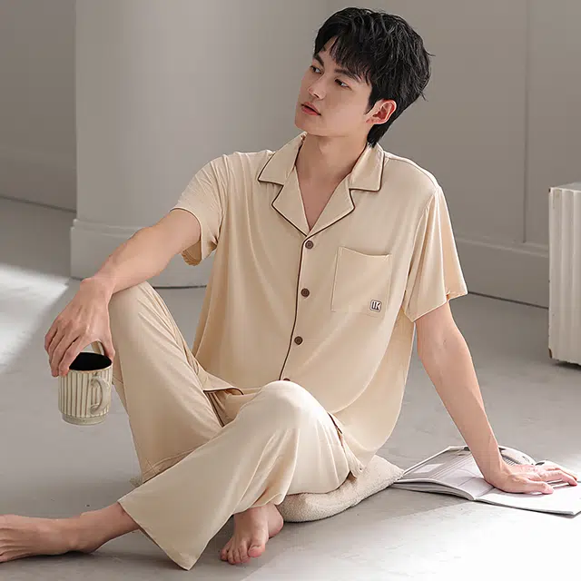 浮光岛屿 简约纯色柔软时尚高级感短袖长裤翻领家居服舒适亲肤透气可外穿睡衣套装 男款 礼盒装 杏色